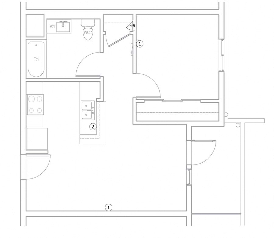 Floor plan for 1 bed, 1 bath